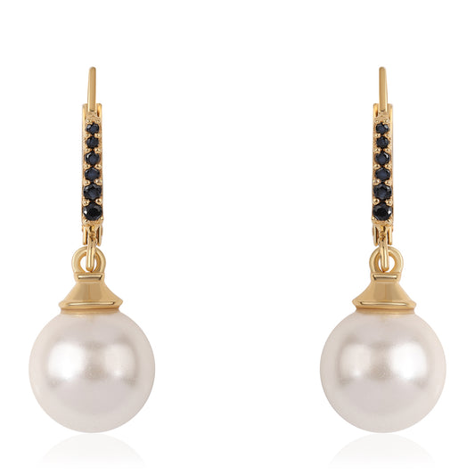 Pozlacené 925 / 1000 Sterlingové Stříbro Náušnice s Černým spinelem a Bílou Sladkovodní Perlou