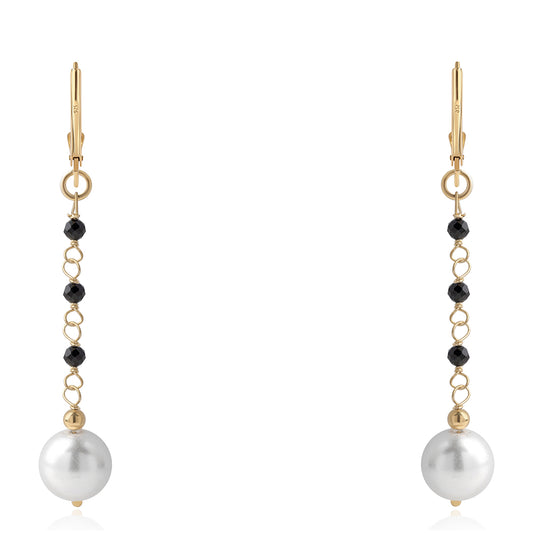 Pozlacené 925 / 1000 Sterlingové Stříbro Náušnice s Černým spinelem a Bílou Sladkovodní Perlou