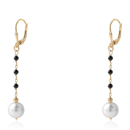 Pozlacené 925 / 1000 Sterlingové Stříbro Náušnice s Černým spinelem a Bílou Sladkovodní Perlou