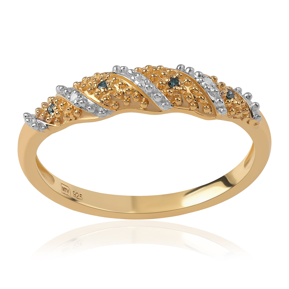 Pozlacené Stříbro 925/1000 - Prsten s Modrým Diamantem a Bílým Diamantem - Karátové číslo: 0.04. přibližná hmotnost: 2.19 gramů