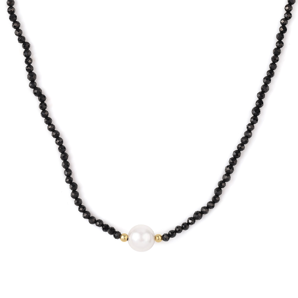 Pozlacené Stříbro 925/1000 - Náhrdelník s Černým spinelem a Bílou Sladkovodní Perlou - Karátové číslo: 38.05. přibližná hmotnost: 8.55 gramů