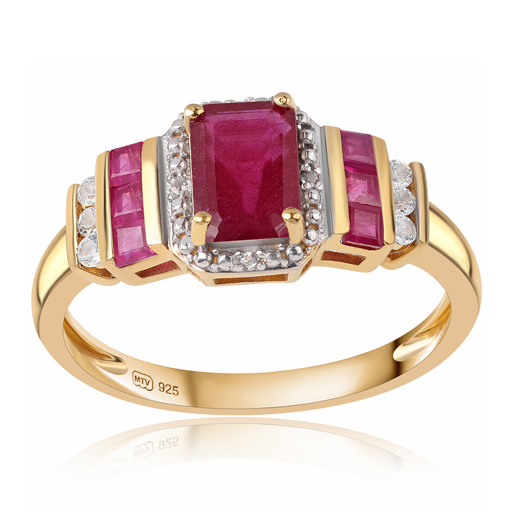 Pozlacené Stříbro 925/1000 - Prsten s Mozambickým Rubínem a Bílým Topazem - Karátové číslo: 2.24. přibližná hmotnost: 2.99 gramů 1 