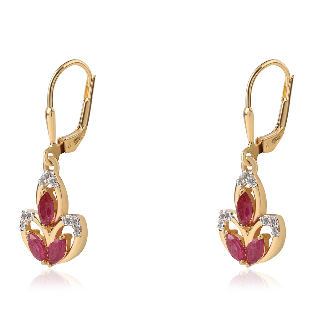 Pozlacené 925 / 1000 Sterlingové Stříbro Náušnice s Mozambickým Rubínem a Bílým Topazem 2 