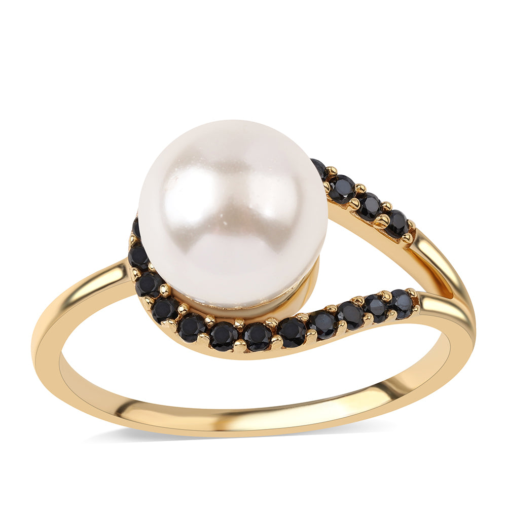 Pozlacené Sterlingové Stříbro 925 / 1000 - Prsten s Černým spinelem a Bílou Sladkovodní Perlou