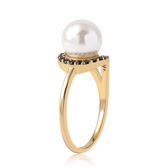 Pozlacené Sterlingové Stříbro 925 / 1000 - Prsten s Černým spinelem a Bílou Sladkovodní Perlou