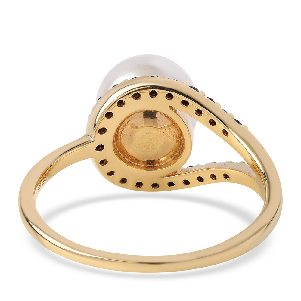 Pozlacené Sterlingové Stříbro 925 / 1000 - Prsten s Černým spinelem a Bílou Sladkovodní Perlou 3 