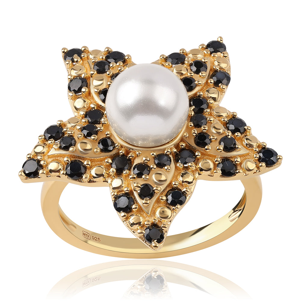 Pozlacený 925 / 1000 Sterlingové Stříbro Prsten s Černým spinelem a Bílou Sladkovodní Perlou 1 