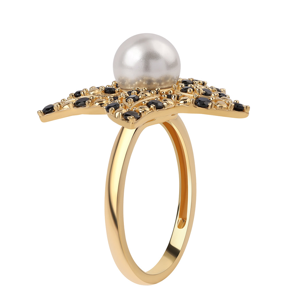 Pozlacený 925 / 1000 Sterlingové Stříbro Prsten s Černým spinelem a Bílou Sladkovodní Perlou 2 