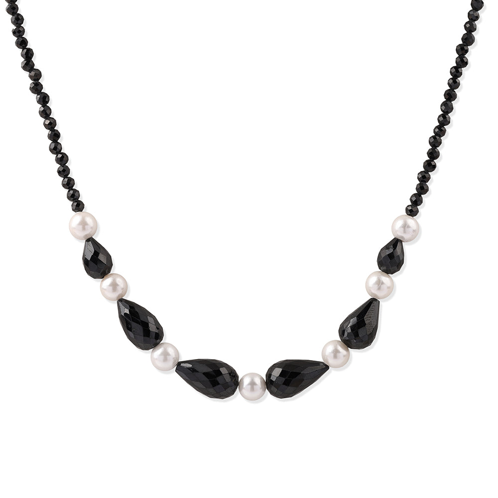 Pozlacený 925 / 1000 Sterlingové Stříbro Náhrdelník s Černým spinelem a Bílou Sladkovodní Perlou