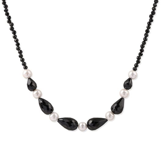 Pozlacený 925 / 1000 Sterlingové Stříbro Náhrdelník s Černým spinelem a Bílou Sladkovodní Perlou