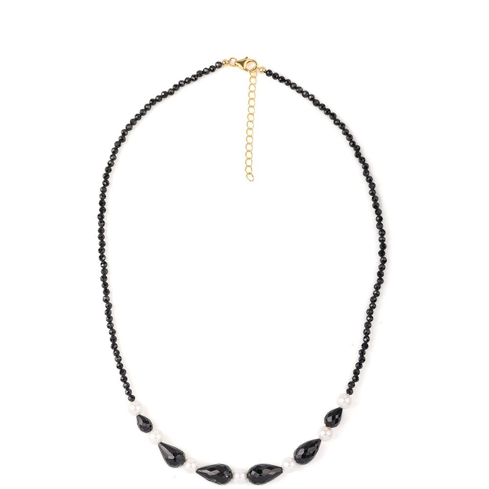Pozlacený 925 / 1000 Sterlingové Stříbro Náhrdelník s Černým spinelem a Bílou Sladkovodní Perlou