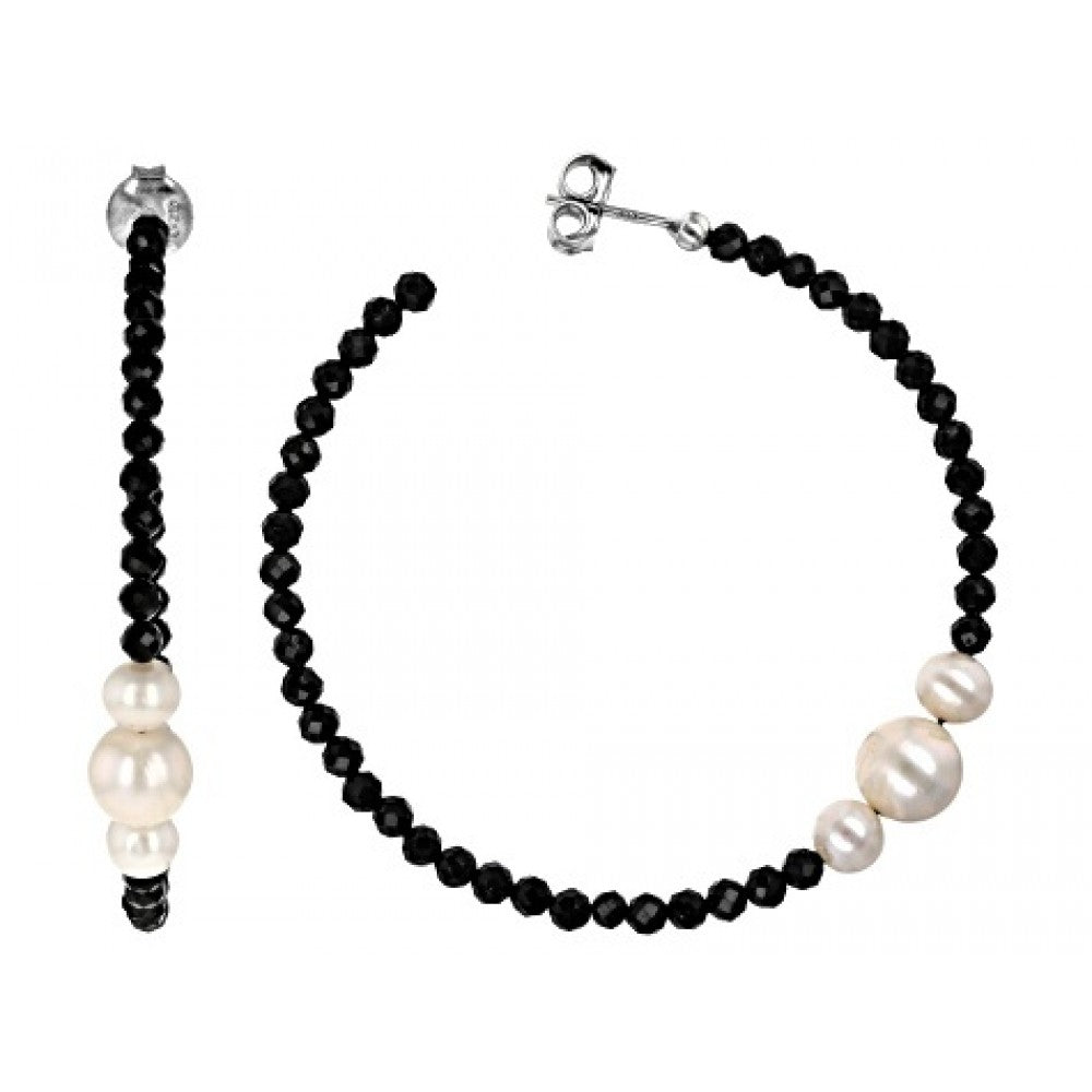 Pozlacené Stříbro 925/1000 - Náušnice s Černým spinelem a Bílou Sladkovodní Perlou - Karátové číslo: 14.94. přibližná hmotnost: 5.75 gramů