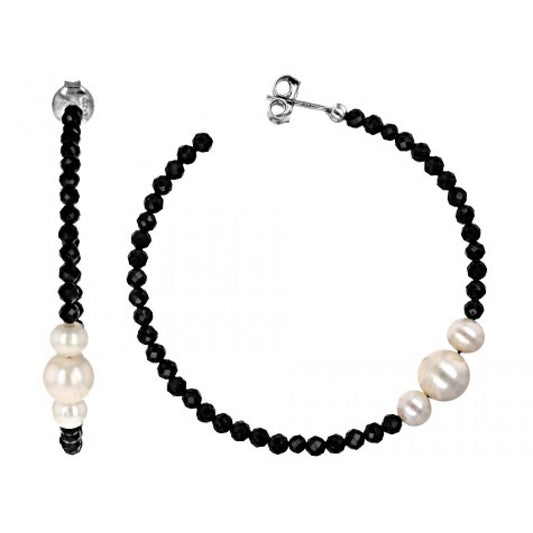 Pozlacené Stříbro 925/1000 - Náušnice s Černým spinelem a Bílou Sladkovodní Perlou - Karátové číslo: 14.94. přibližná hmotnost: 5.75 gramů