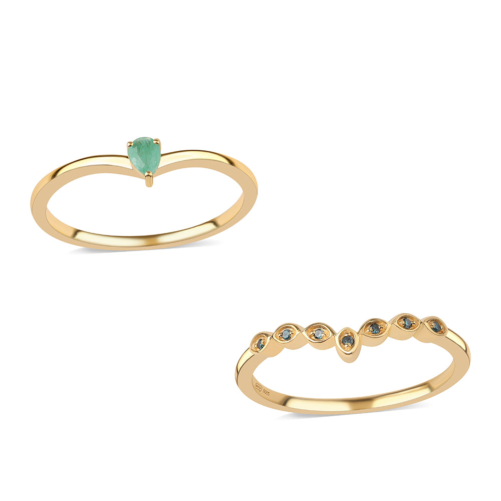 Pozlacené Stříbro 925/1000 - Sada s Modrým Diamantem a Brazilským Smaragdem - Karátové číslo: 0.26. přibližná hmotnost: 3.16 gramů ( Prsten ) 1 