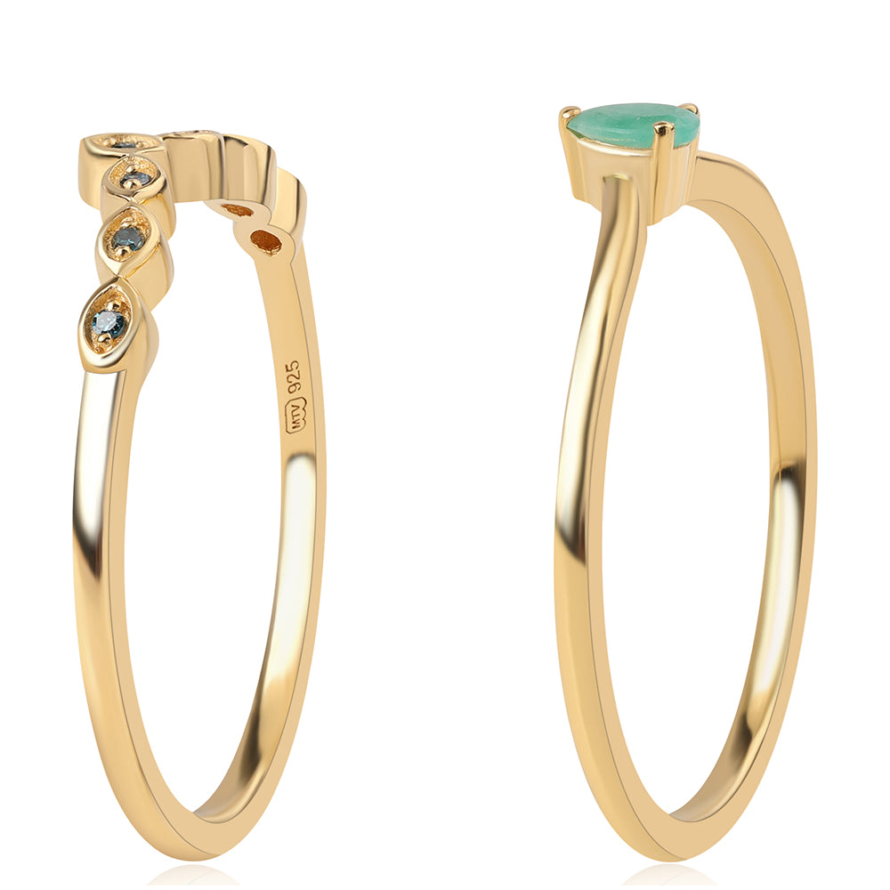 Pozlacené Stříbro 925/1000 - Sada s Modrým Diamantem a Brazilským Smaragdem - Karátové číslo: 0.26. přibližná hmotnost: 3.16 gramů ( Prsten ) 4 