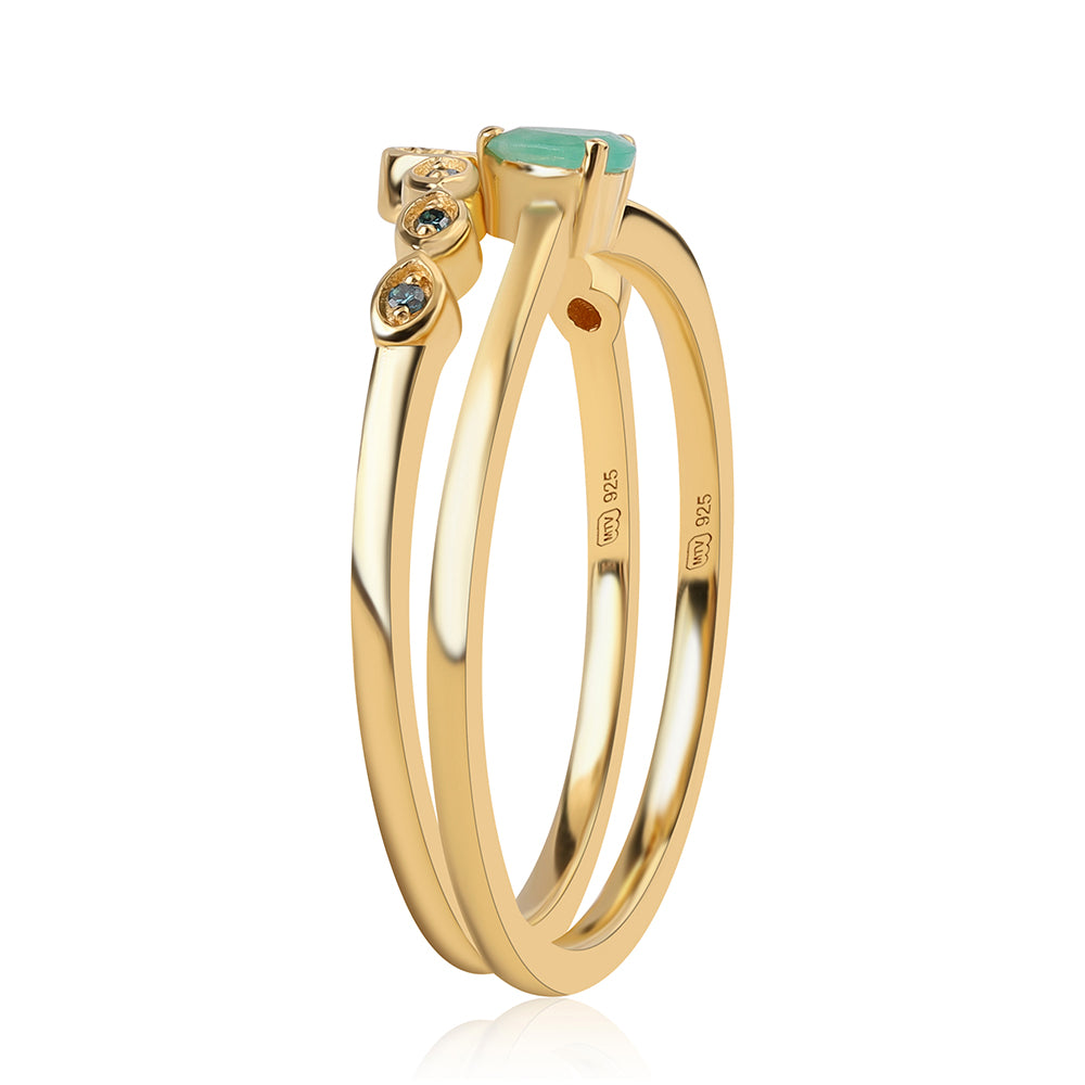 Pozlacené Stříbro 925/1000 - Sada s Modrým Diamantem a Brazilským Smaragdem - Karátové číslo: 0.26. přibližná hmotnost: 3.16 gramů ( Prsten ) 6 