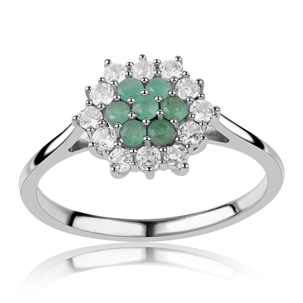 Stříbro 925/1000 - Prsten s Brazilským Smaragdem a Bílým Topazem - Karátové číslo: 1.16. přibližná hmotnost: 2.45 gramů 1 