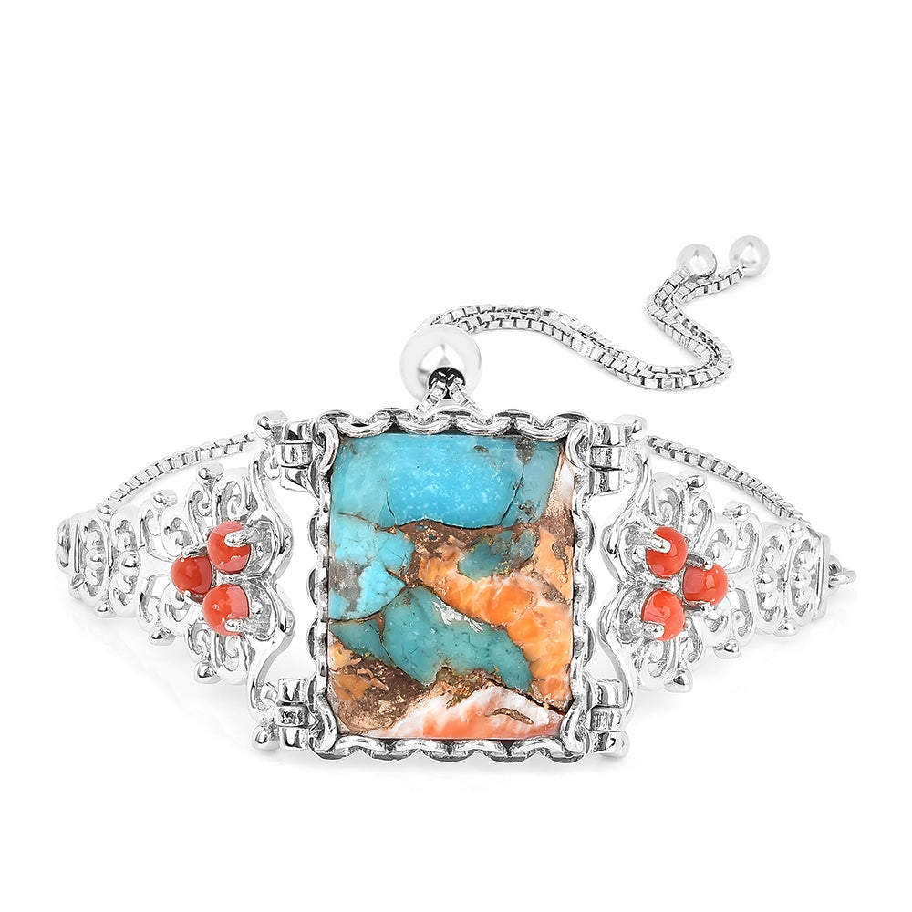 Stříbro 925/1000 - Náramek s Ústřicovým Tyrkysem a Červeným Korálem - Karátové číslo: 17.47. přibližná hmotnost: 12.19 gramů 1 