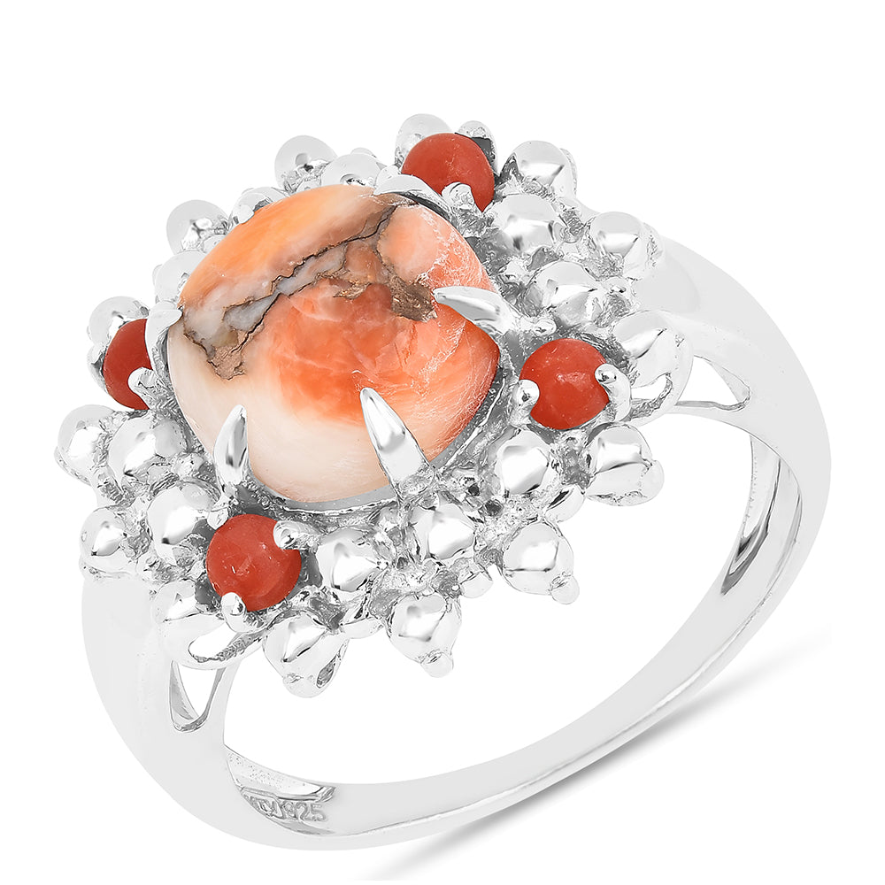 Stříbro 925/1000 - Prsten s Ústřicovým Tyrkysem a Červeným Korálem - Karátové číslo: 3.28. přibližná hmotnost: 4.23 gramů