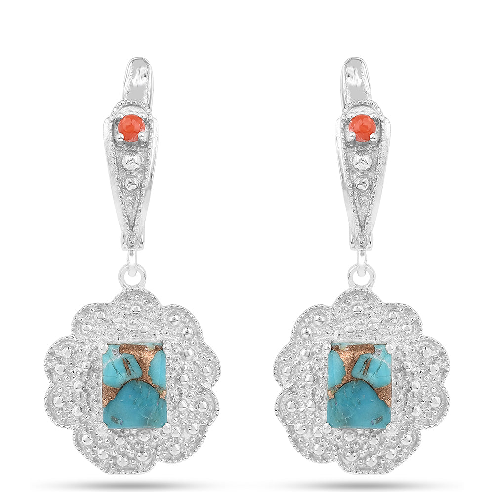 Stříbro 925/1000 - Náušnice s Ústřicovým Tyrkysem a Červeným Korálem - Karátové číslo: 3.93. přibližná hmotnost: 6.02 gramů 1 