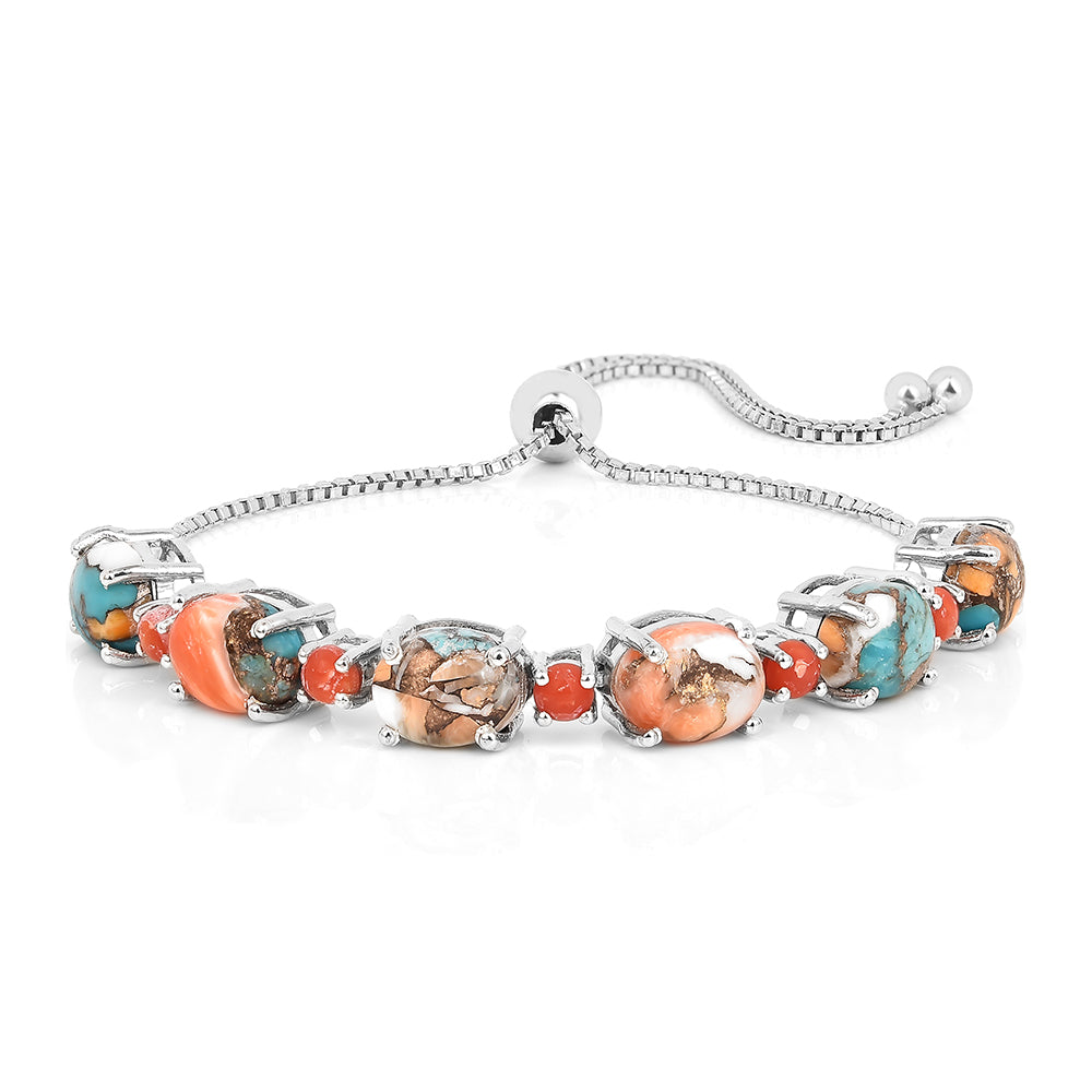 Stříbro 925/1000 - Náramek s Ústřicovým Tyrkysem a Červeným Korálem - Karátové číslo: 10.22. přibližná hmotnost: 7.4 gramů 1 