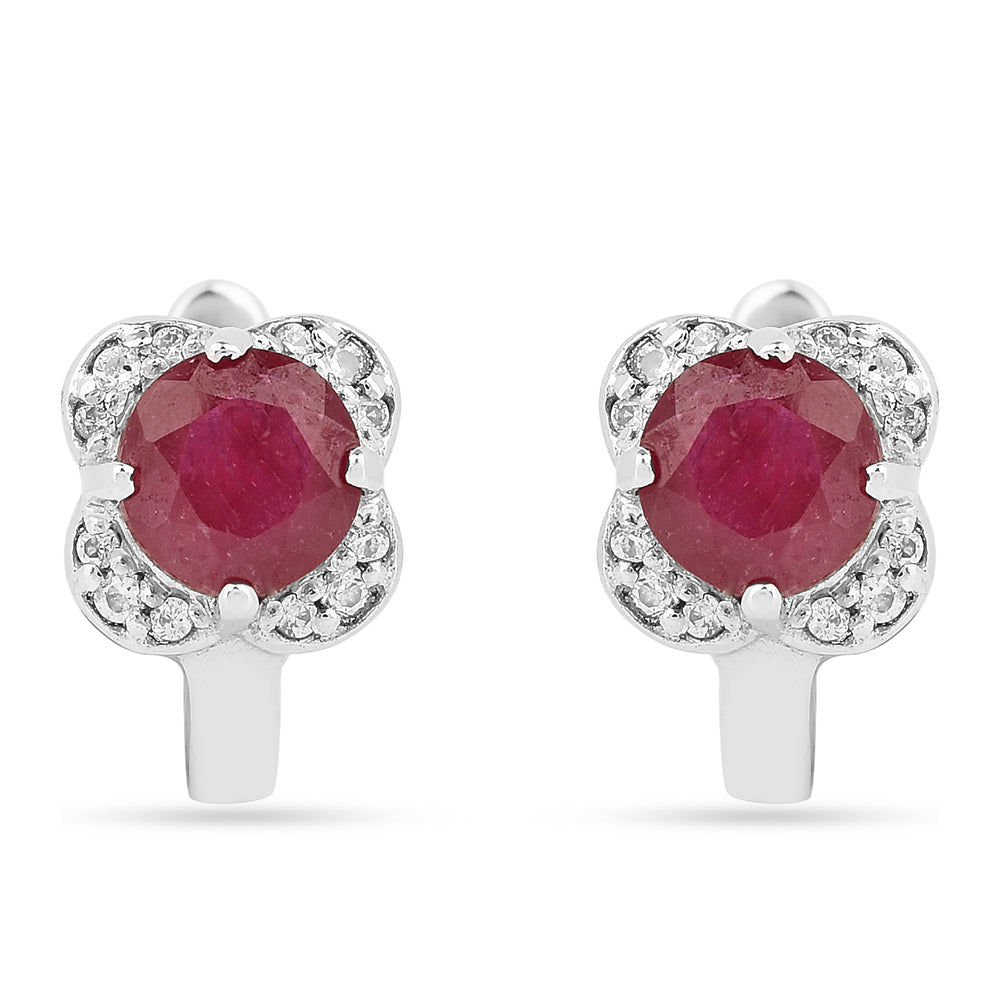 Stříbro 925/1000 - Náušnice s Thajským Rubínem a Bílým Zirkonem - Karátové číslo: 1.78. přibližná hmotnost: 2.55 gramů
