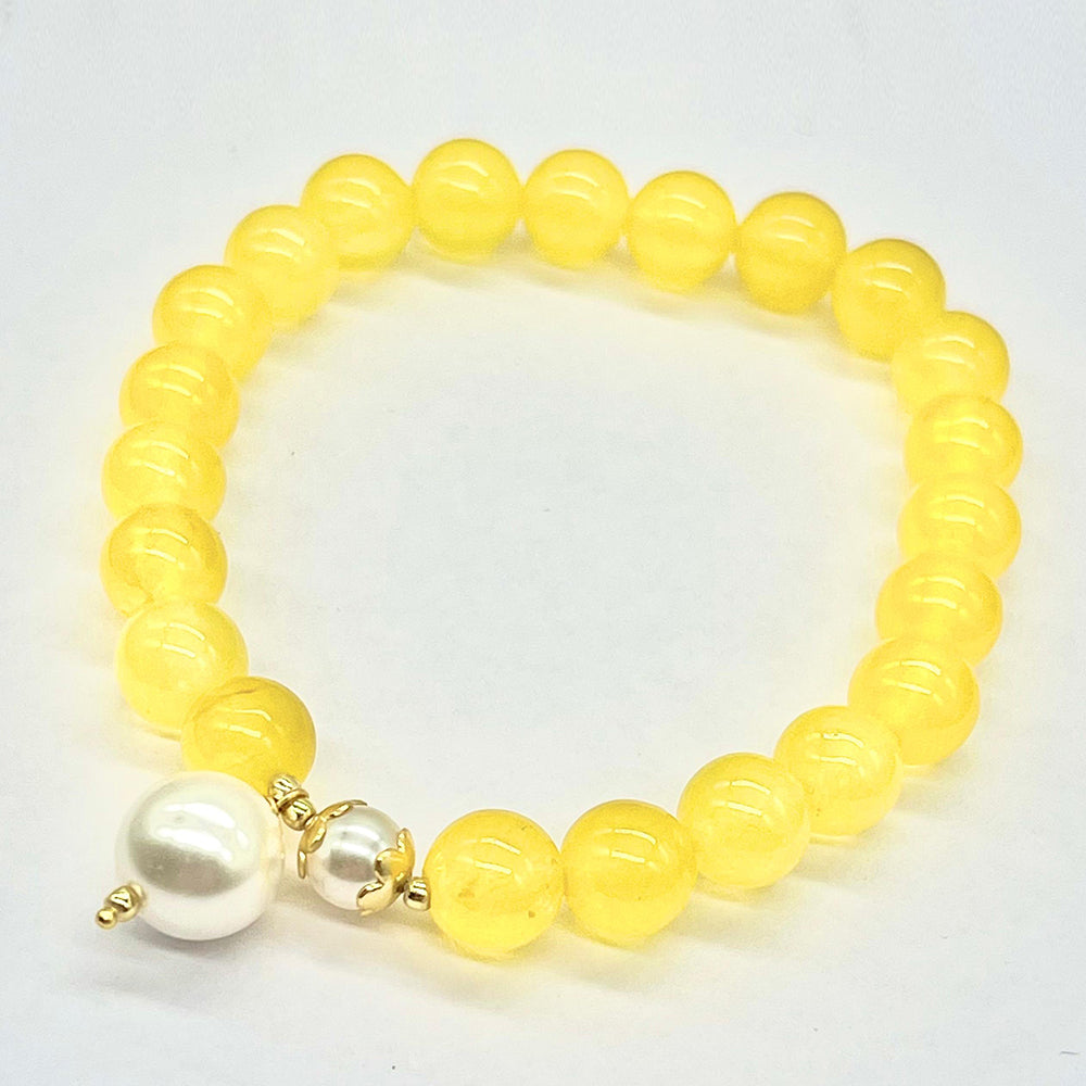 Pozlacené Stříbro 925/1000 - Náramek se Žlutým Jadeitem z Marsden River a se Skleněná Perla - Karátové číslo: 94.13. přibližná hmotnost: 19.23 gramů