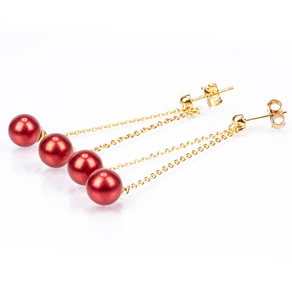 Pozlacené Stříbro 925/1000 - Náušnice s Červená sladkovodní Perlou - Karátové číslo: 15.44. přibližná hmotnost: 2.8 gramů