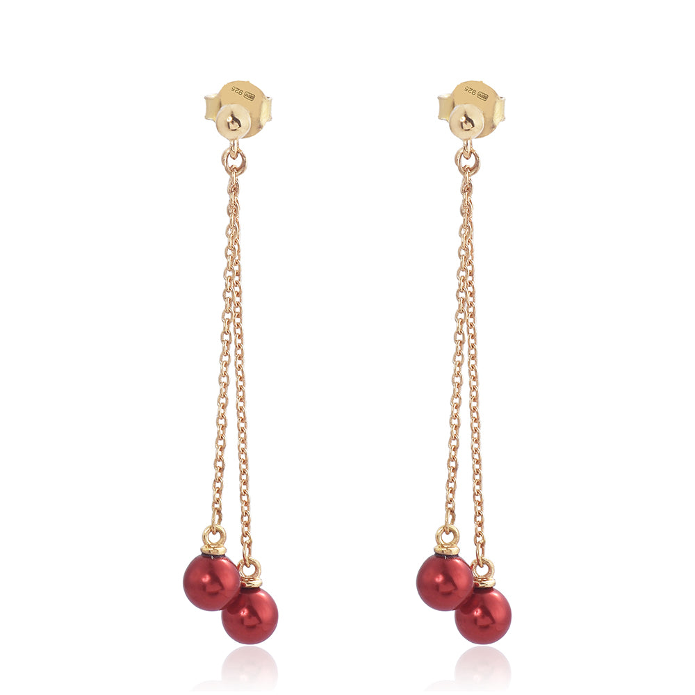 Pozlacené Stříbro 925/1000 - Náušnice s Červená sladkovodní Perlou - Karátové číslo: 15.44. přibližná hmotnost: 2.8 gramů 2 