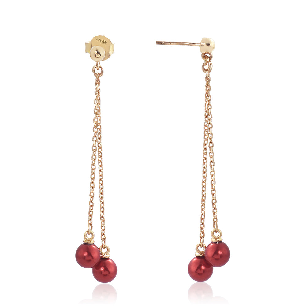 Pozlacené Stříbro 925/1000 - Náušnice s Červená sladkovodní Perlou - Karátové číslo: 15.44. přibližná hmotnost: 2.8 gramů 1 
