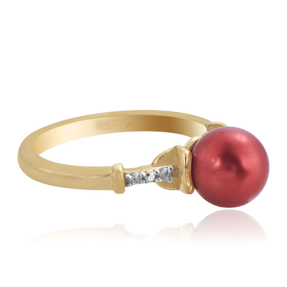 Pozlacené Stříbro 925/1000 - Prsten s Červená sladkovodní Perlou a Bílým Topazem - Karátové číslo: 3.93. přibližná hmotnost: 3.35 gramů