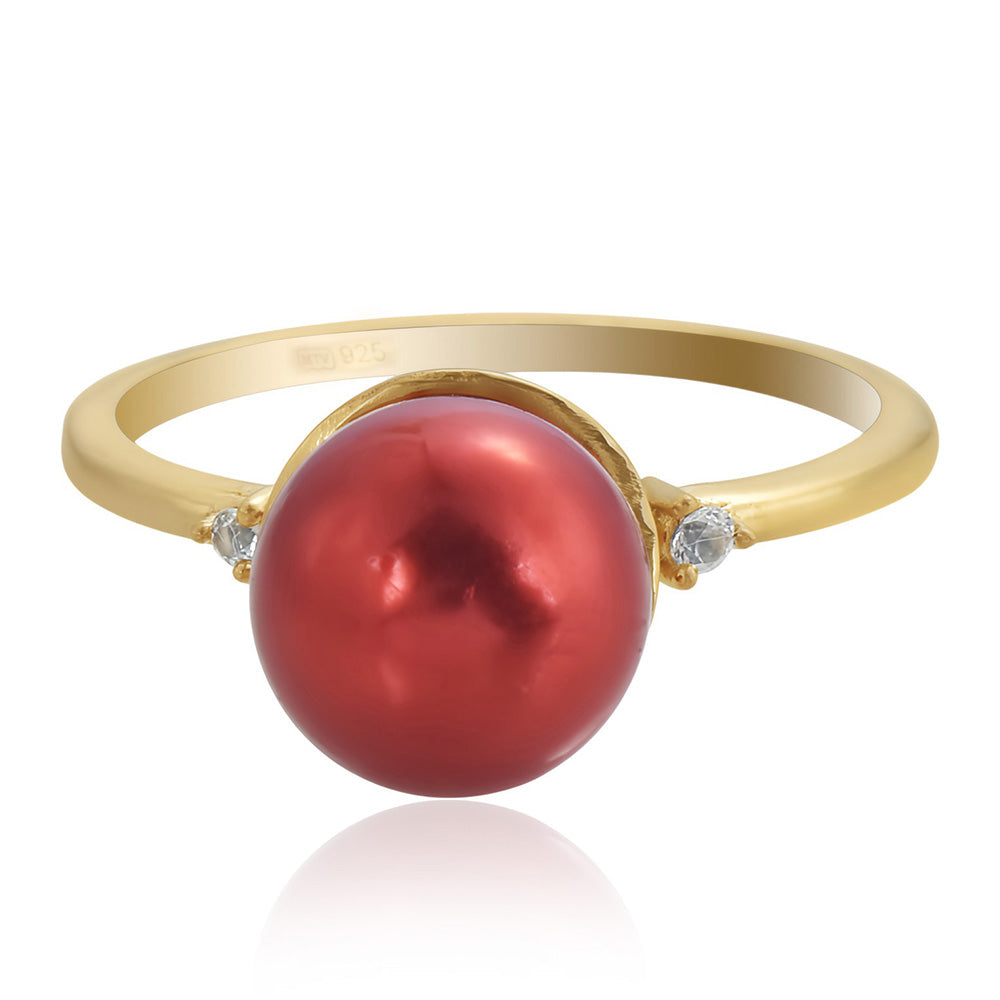 Pozlacené Stříbro 925/1000 - Prsten s Červená sladkovodní Perlou a Bílým Topazem - Karátové číslo: 7.46. přibližná hmotnost: 3.38 gramů 1 