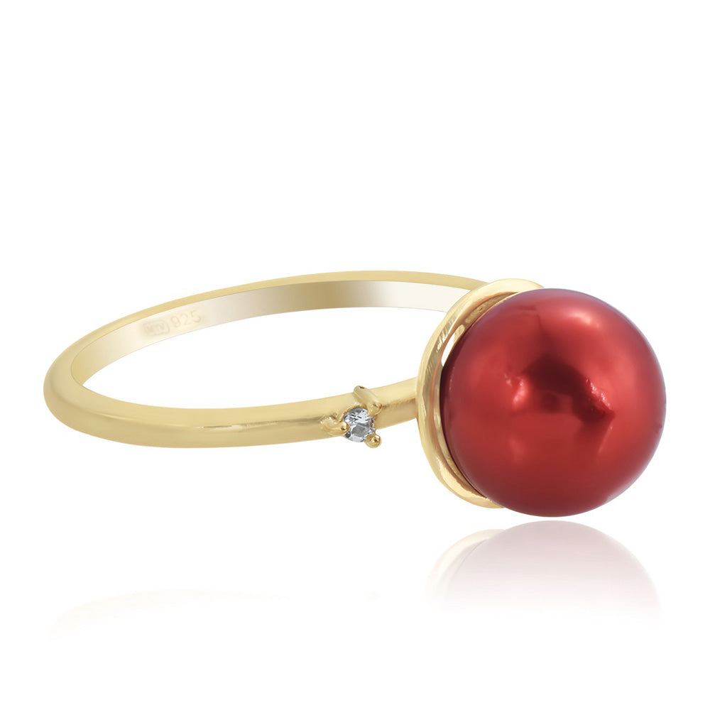 Pozlacené Stříbro 925/1000 - Prsten s Červená sladkovodní Perlou a Bílým Topazem - Karátové číslo: 7.46. přibližná hmotnost: 3.38 gramů 2 