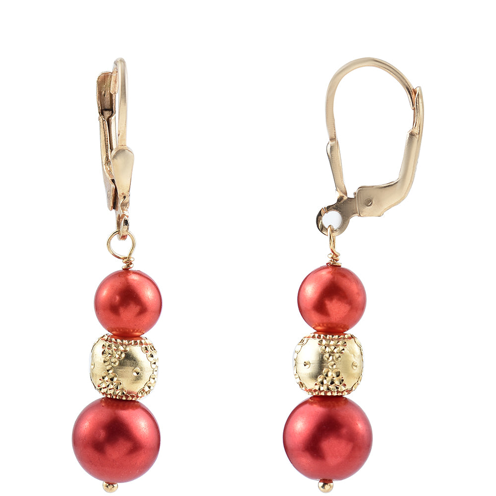 Pozlacené Stříbrné Náušnice s Červená sladkovodní Perlou