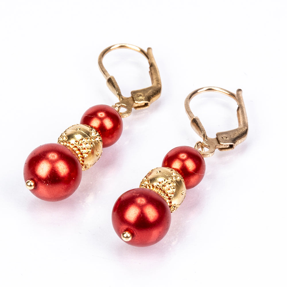 Pozlacené Stříbrné Náušnice s Červená sladkovodní Perlou