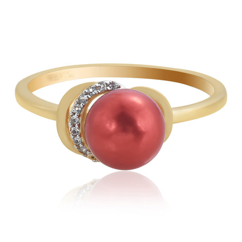 Pozlacené Stříbro 925/1000 - Prsten s Červená sladkovodní Perlou a Bílým Topazem - Karátové číslo: 3.91. přibližná hmotnost: 2.68 gramů 2 