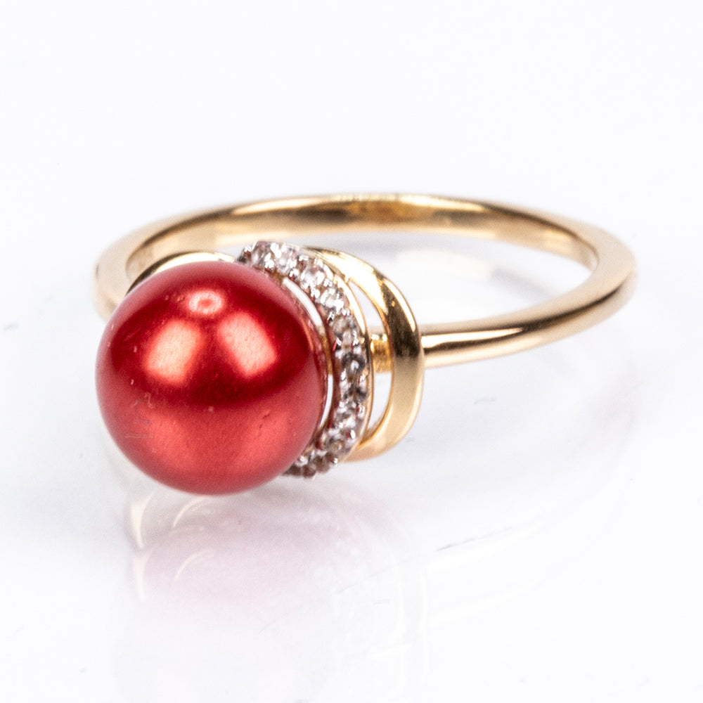 Pozlacené Stříbro 925/1000 - Prsten s Červená sladkovodní Perlou a Bílým Topazem - Karátové číslo: 3.91. přibližná hmotnost: 2.68 gramů