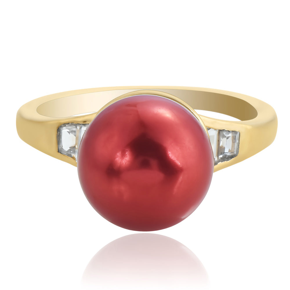 Pozlacené Stříbro 925/1000 - Prsten s Červená sladkovodní Perlou a Bílým Topazem - Karátové číslo: 7.62. přibližná hmotnost: 4.04 gramů