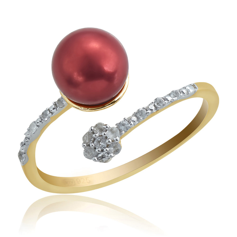 Pozlacené Stříbro 925/1000 - Prsten s Červená sladkovodní Perlou a Bílým Topazem - Karátové číslo: 4.06. přibližná hmotnost: 2.53 gramů 1 