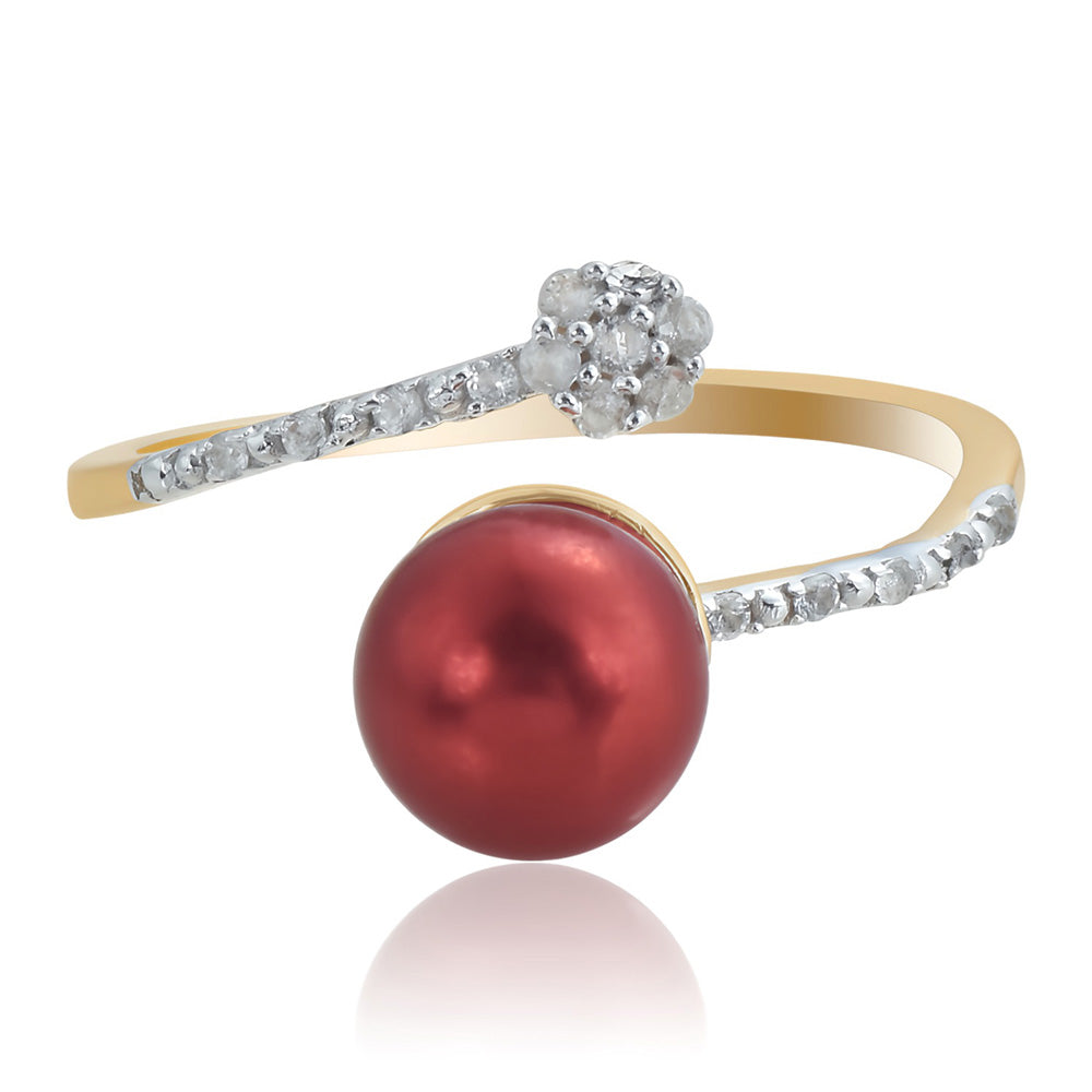 Pozlacené Stříbro 925/1000 - Prsten s Červená sladkovodní Perlou a Bílým Topazem - Karátové číslo: 4.06. přibližná hmotnost: 2.53 gramů