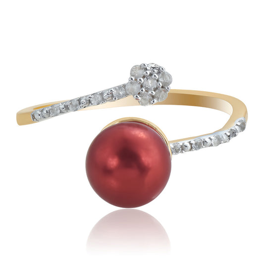 Pozlacené Stříbro 925/1000 - Prsten s Červená sladkovodní Perlou a Bílým Topazem - Karátové číslo: 4.06. přibližná hmotnost: 2.53 gramů
