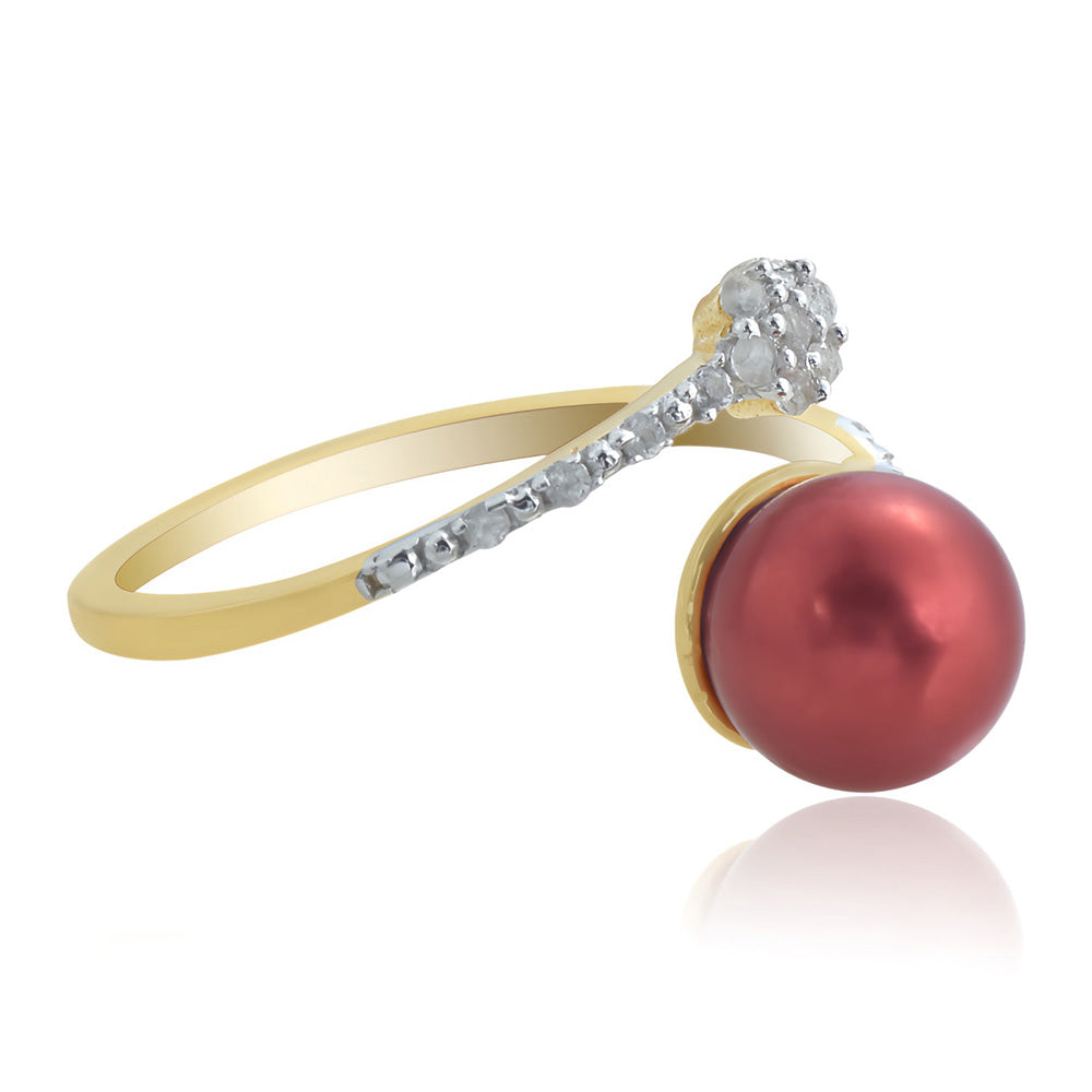 Pozlacené Stříbro 925/1000 - Prsten s Červená sladkovodní Perlou a Bílým Topazem - Karátové číslo: 4.06. přibližná hmotnost: 2.53 gramů 3 