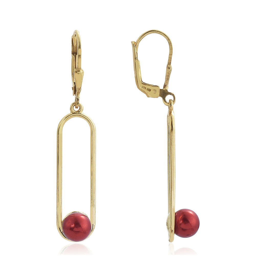Pozlacené Stříbro 925/1000 - Náušnice s Červená sladkovodní Perlou - Karátové číslo: 3.4. přibližná hmotnost: 3.23 gramů 1 