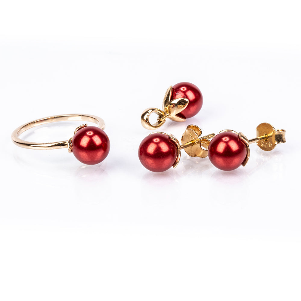 Pozlacené Stříbro 925/1000 - Sada s Červená sladkovodní Perlou - Karátové číslo: 17.08. přibližná hmotnost: 7.04 gramů ( Náušnice+Prsten+Přívěsek ) 1 