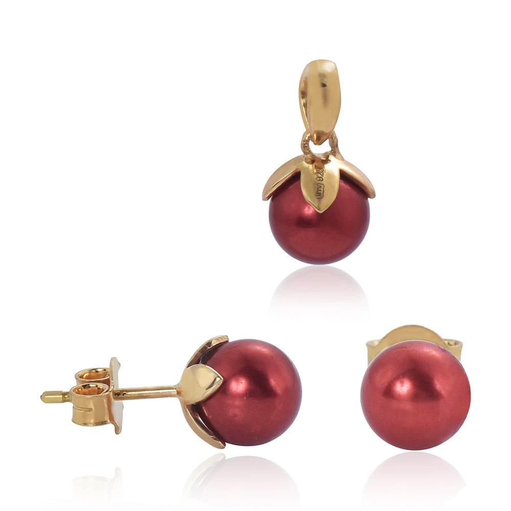 Pozlacené Stříbro 925/1000 - Sada s Červená sladkovodní Perlou - Karátové číslo: 17.08. přibližná hmotnost: 7.04 gramů ( Náušnice+Prsten+Přívěsek ) 5 