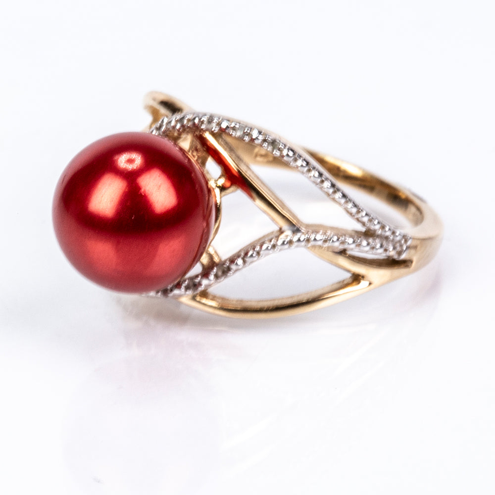 Pozlacené Stříbro 925/1000 - Prsten s Červená sladkovodní Perlou a Bílým Topazem - Karátové číslo: 7.5. přibližná hmotnost: 5.12 gramů 5 