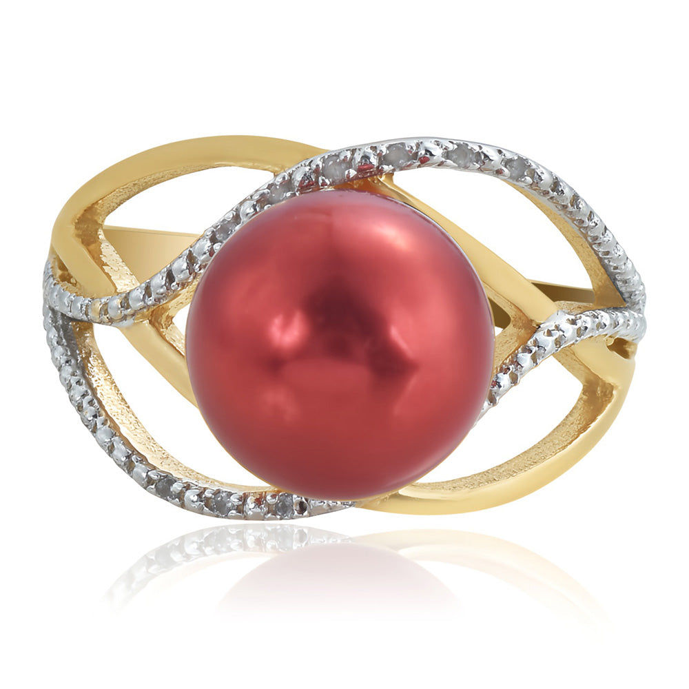 Pozlacené Stříbro 925/1000 - Prsten s Červená sladkovodní Perlou a Bílým Topazem - Karátové číslo: 7.5. přibližná hmotnost: 5.12 gramů