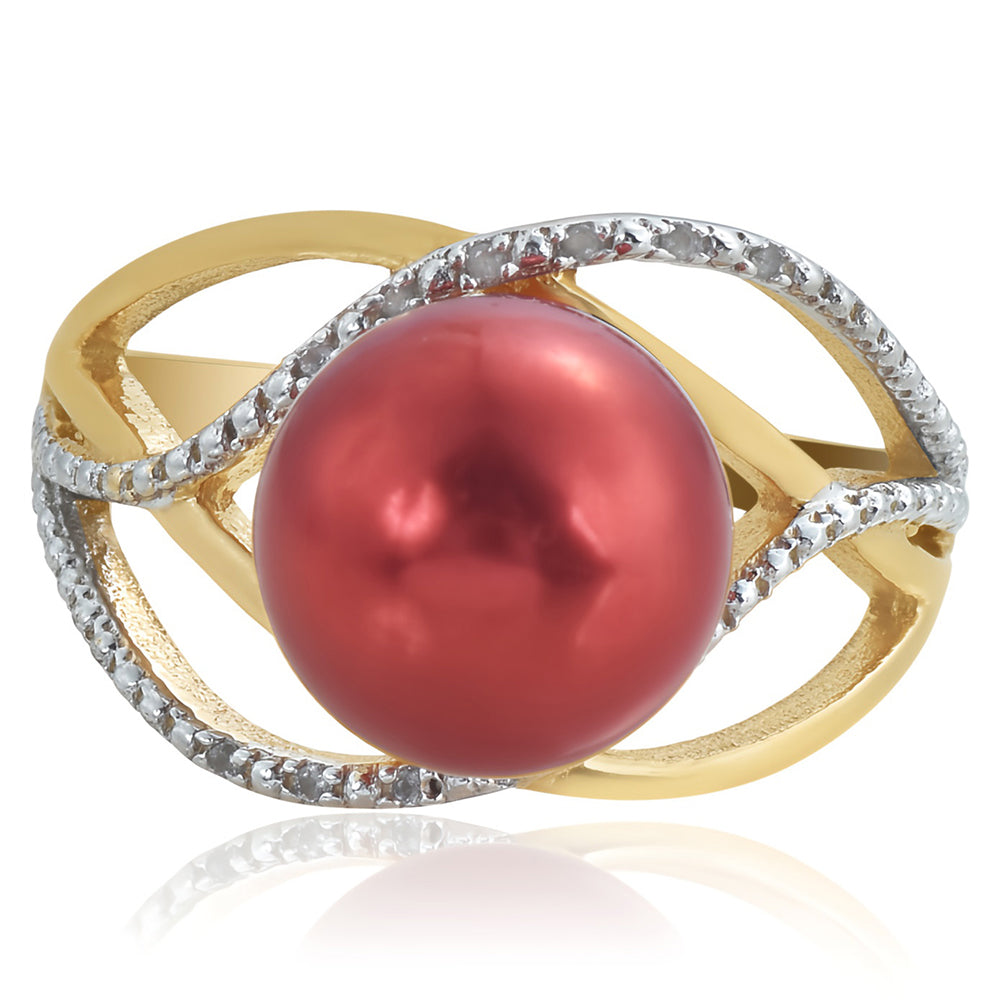 Pozlacené Stříbro 925/1000 - Prsten s Červená sladkovodní Perlou a Bílým Topazem - Karátové číslo: 7.5. přibližná hmotnost: 5.12 gramů 2 