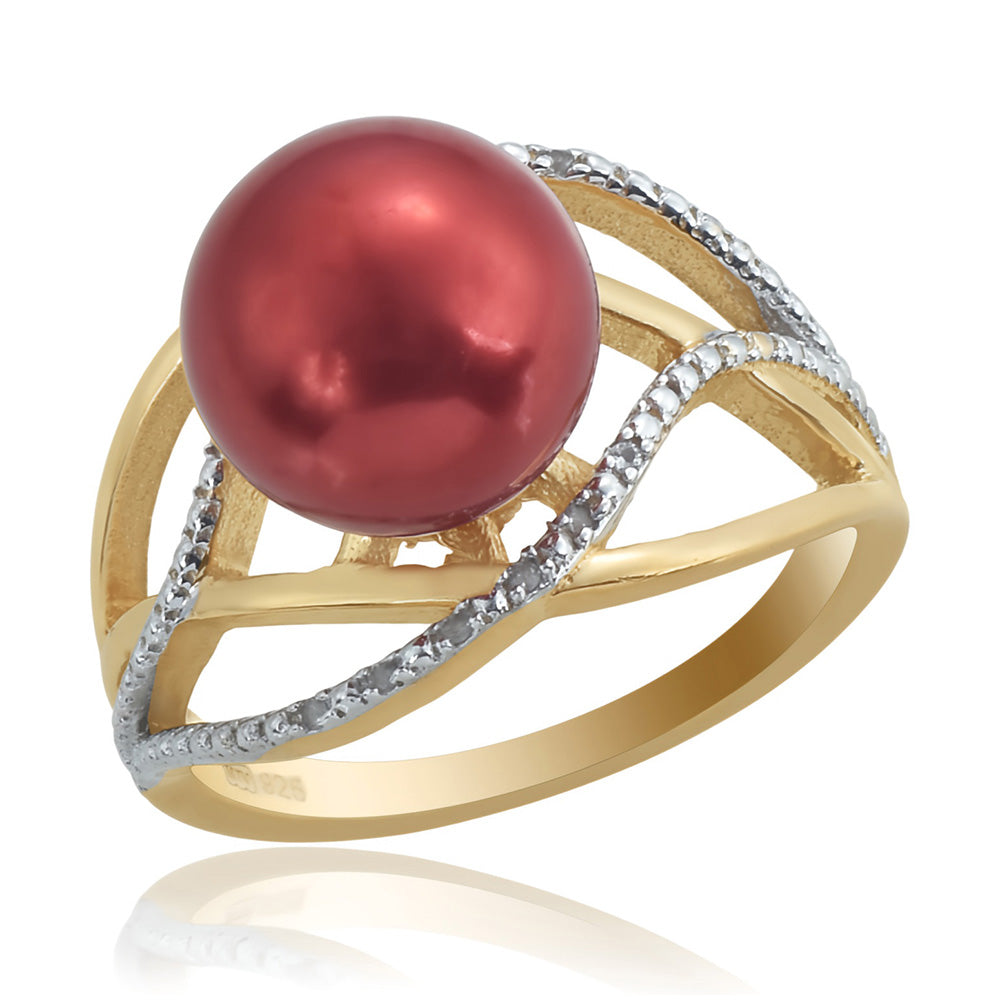 Pozlacené Stříbro 925/1000 - Prsten s Červená sladkovodní Perlou a Bílým Topazem - Karátové číslo: 7.5. přibližná hmotnost: 5.12 gramů 1 