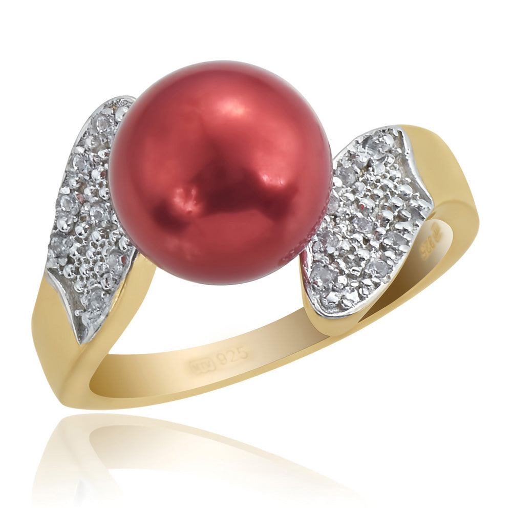 Pozlacené Stříbro 925/1000 - Prsten s Červená sladkovodní Perlou a Bílým Topazem - Karátové číslo: 7.49. přibližná hmotnost: 6.49 gramů 1 